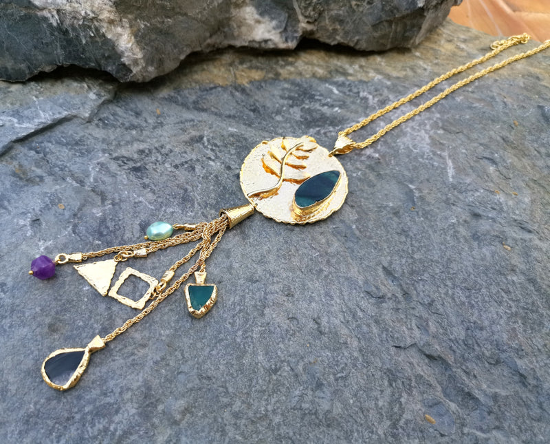 Necklace with Colored Gemstones Gold Plated Brass Adjustable  SR112