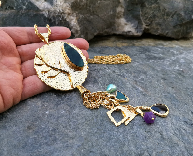 Necklace with Colored Gemstones Gold Plated Brass Adjustable  SR112