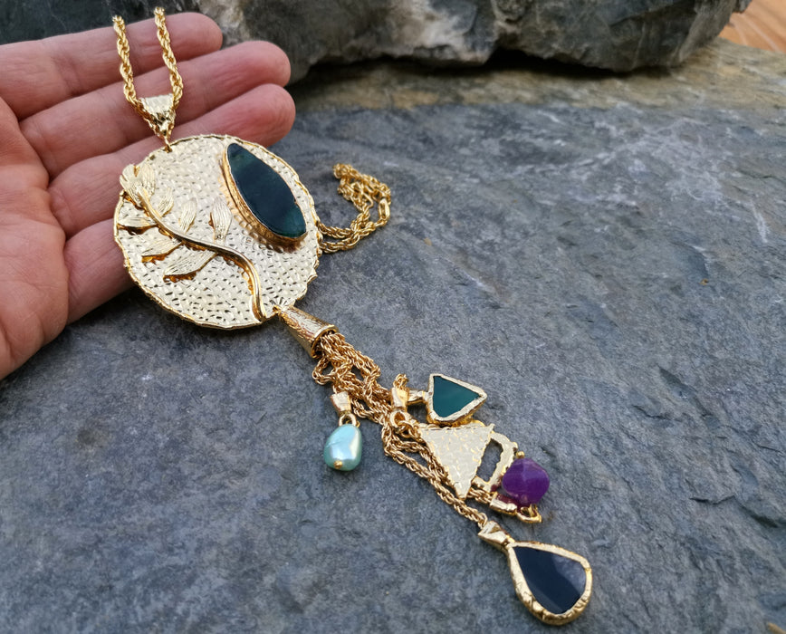Necklace with Colored Gemstones Gold Plated Brass Adjustable  SR112