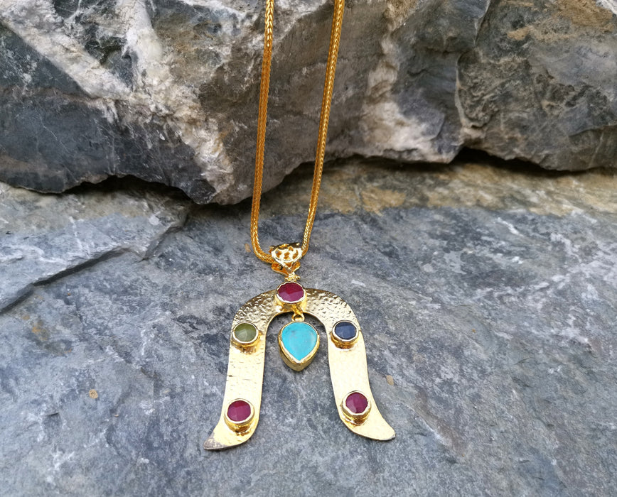 Necklace with Colored Gemstones Gold Plated Brass Adjustable  SR113