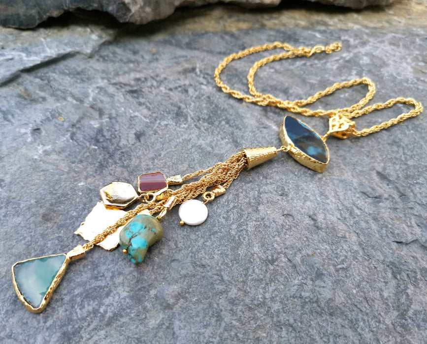 Necklace with Colored Gemstones Gold Plated Brass Adjustable  SR114