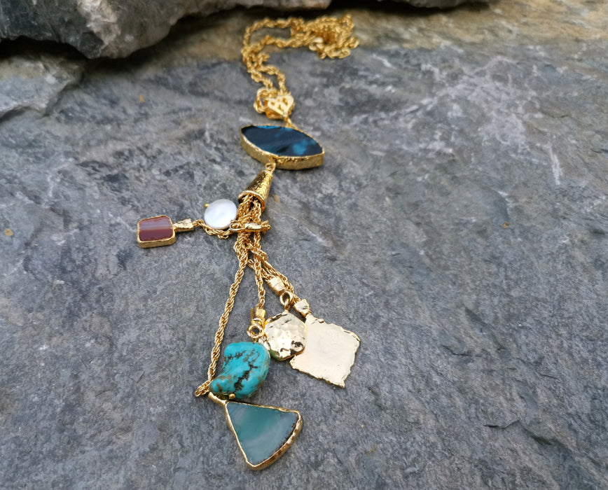 Necklace with Colored Gemstones Gold Plated Brass Adjustable  SR114