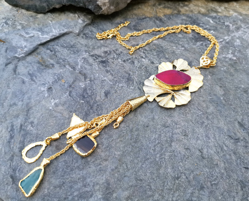 Necklace with Colored Gemstones Gold Plated Brass Adjustable  SR115