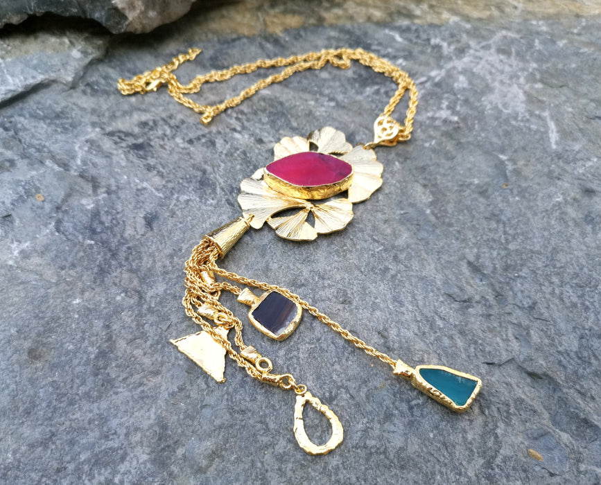 Necklace with Colored Gemstones Gold Plated Brass Adjustable  SR115