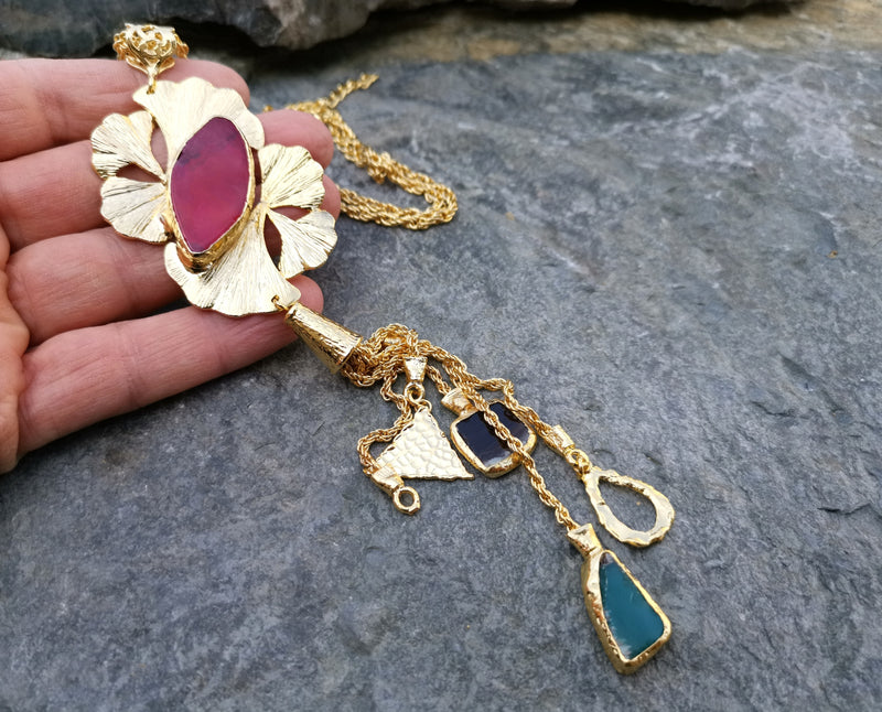 Necklace with Colored Gemstones Gold Plated Brass Adjustable  SR115