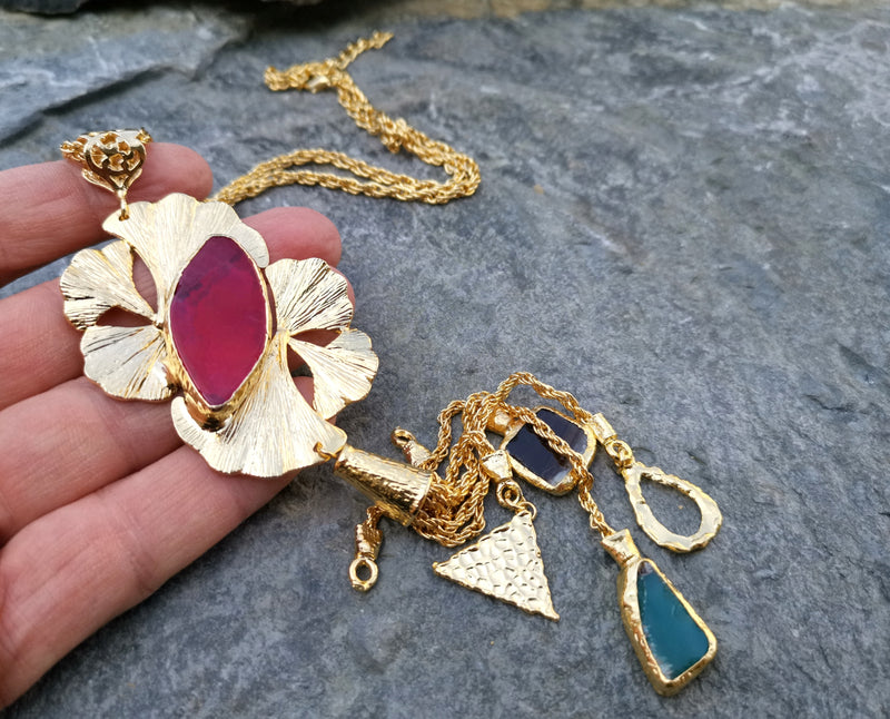 Necklace with Colored Gemstones Gold Plated Brass Adjustable  SR115