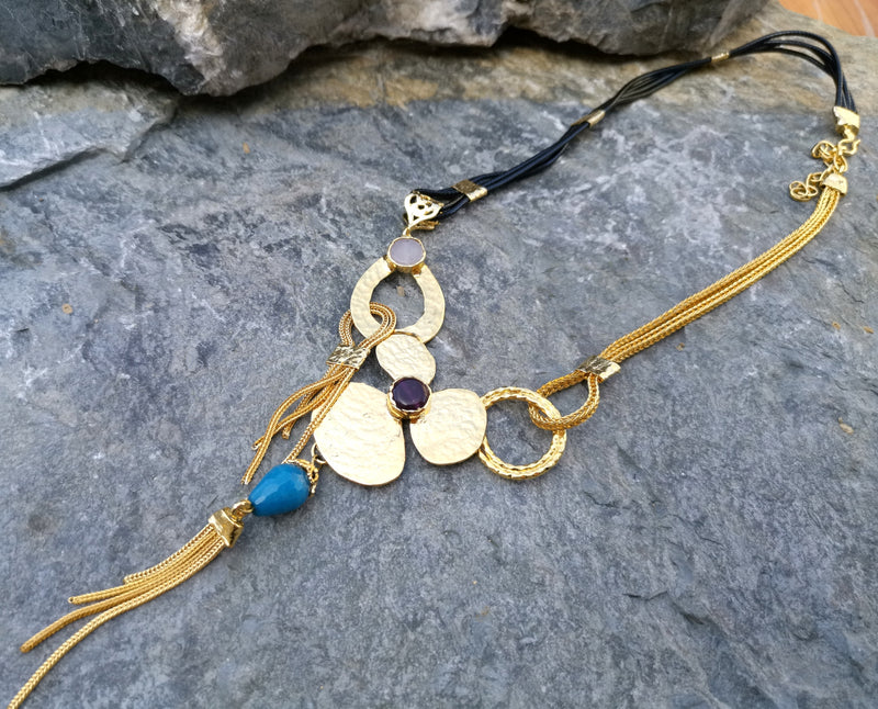 Necklace with Colored Gemstones Gold Plated Brass Adjustable  SR116