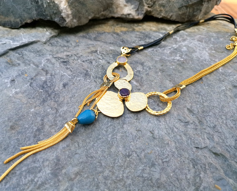 Necklace with Colored Gemstones Gold Plated Brass Adjustable  SR116
