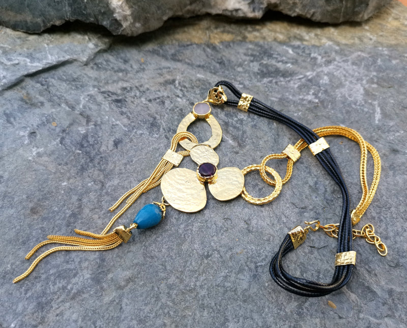 Necklace with Colored Gemstones Gold Plated Brass Adjustable  SR116