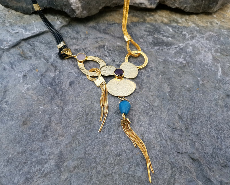 Necklace with Colored Gemstones Gold Plated Brass Adjustable  SR116