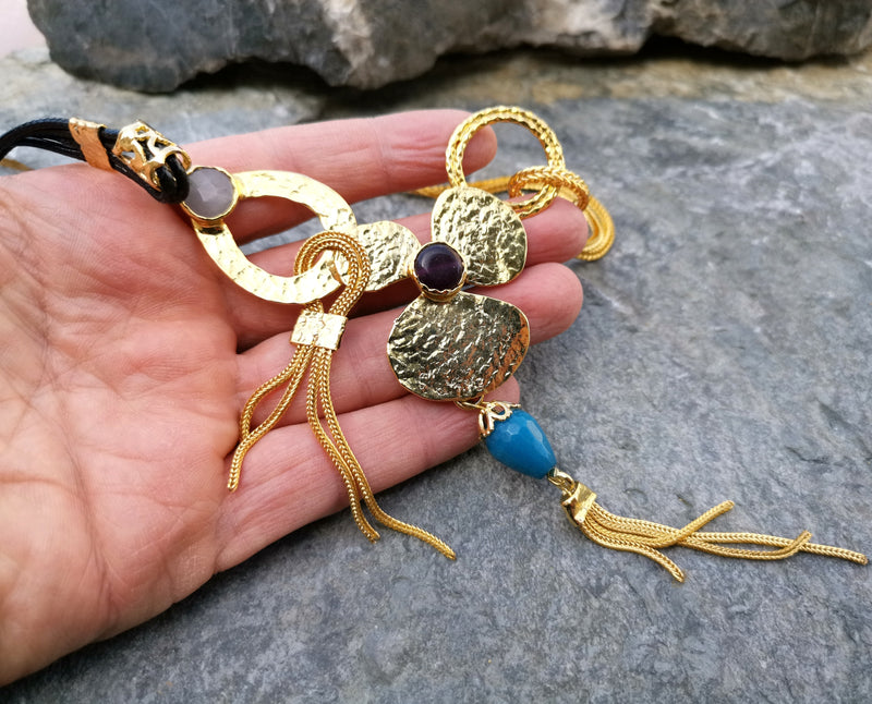 Necklace with Colored Gemstones Gold Plated Brass Adjustable  SR116