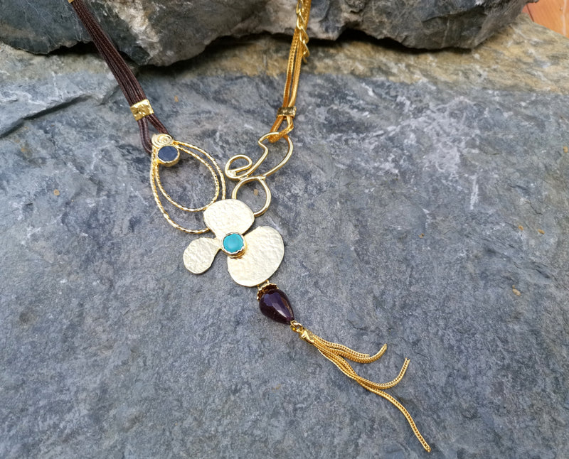 Necklace with Colored Gemstones Gold Plated Brass Adjustable  SR117