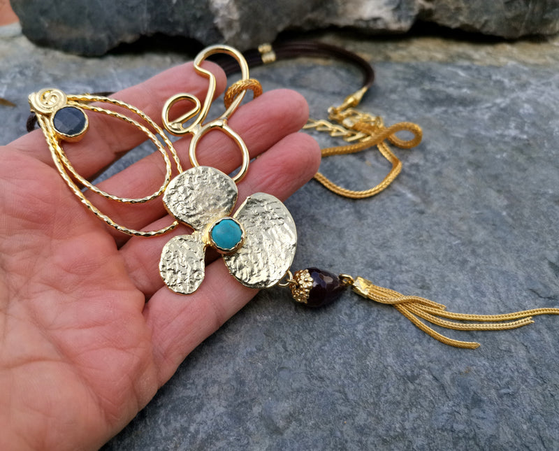 Necklace with Colored Gemstones Gold Plated Brass Adjustable  SR117