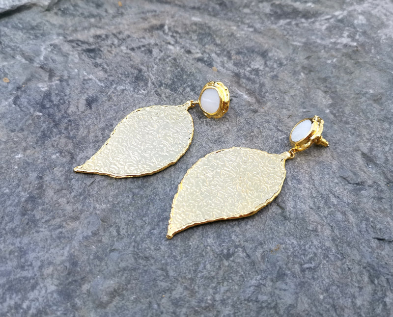 Textured Leaf Earrings with Real Pearls Gold Plated Brass  SR118