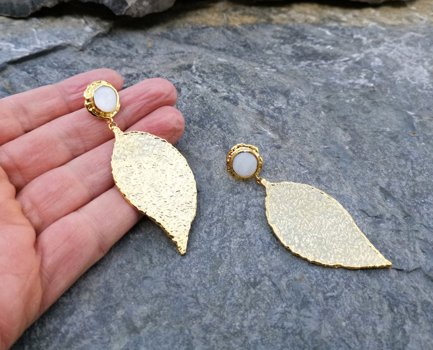 Textured Leaf Earrings with Real Pearls Gold Plated Brass  SR118