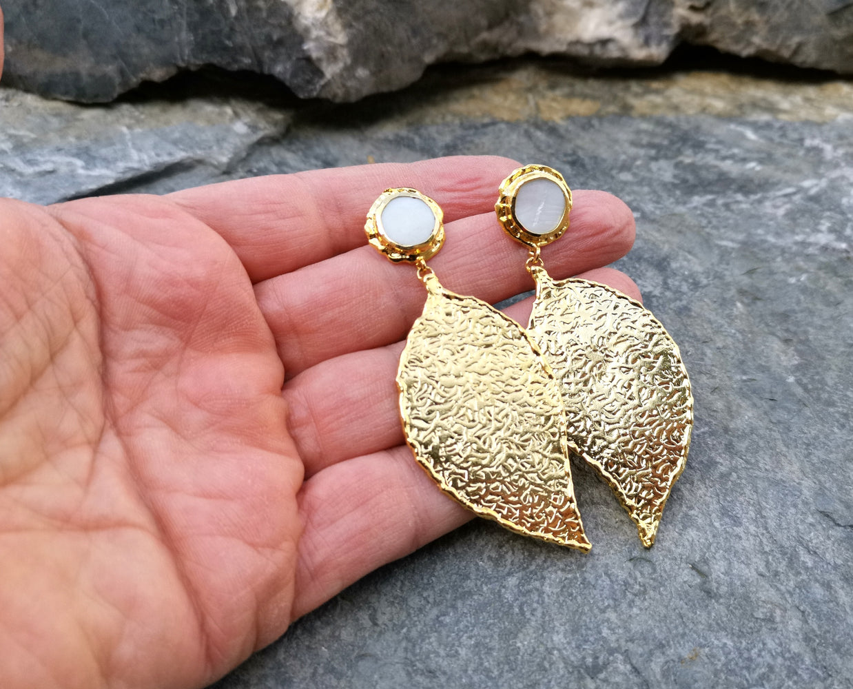 Textured Leaf Earrings with Real Pearls Gold Plated Brass  SR118