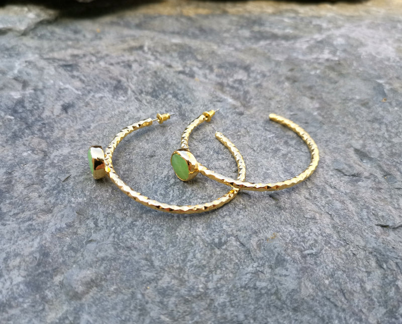 Round Earrings with Green Agate Gemstones Gold Plated Brass  SR127