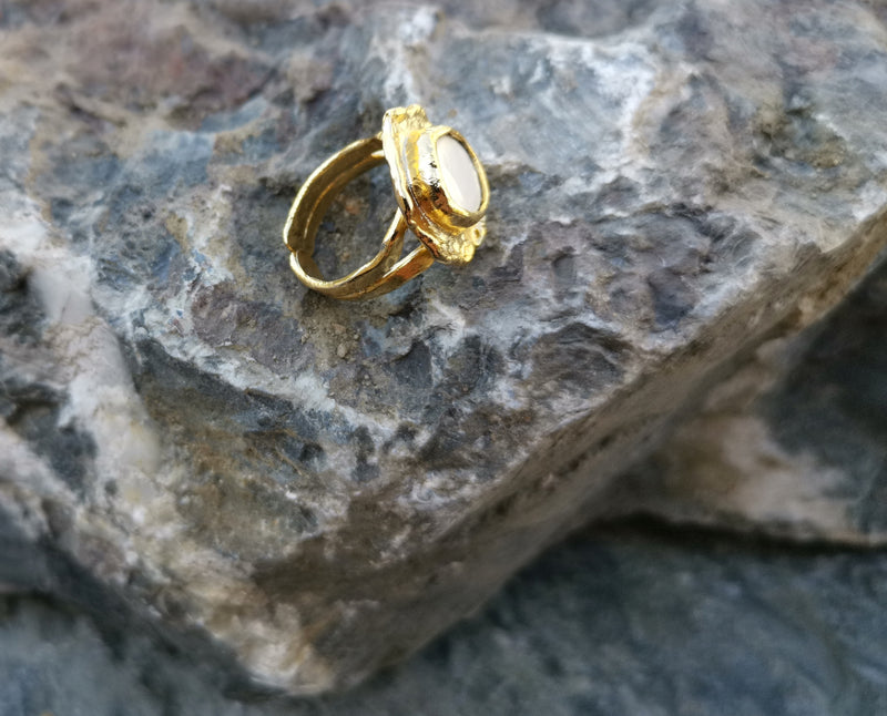 Ring with Real Pearl Gold Plated Brass Adjustable SR136