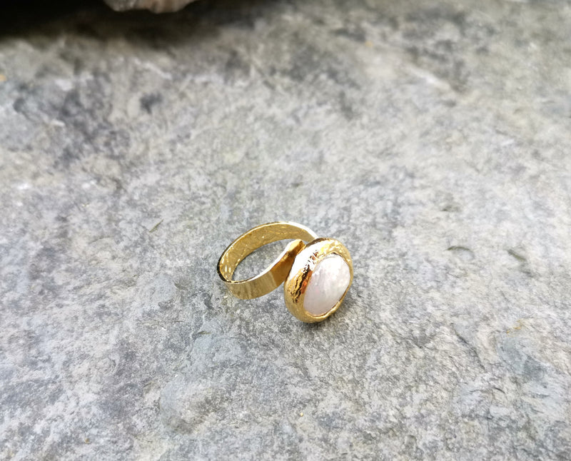 Ring with Real Pearl Gold Plated Brass Adjustable SR137