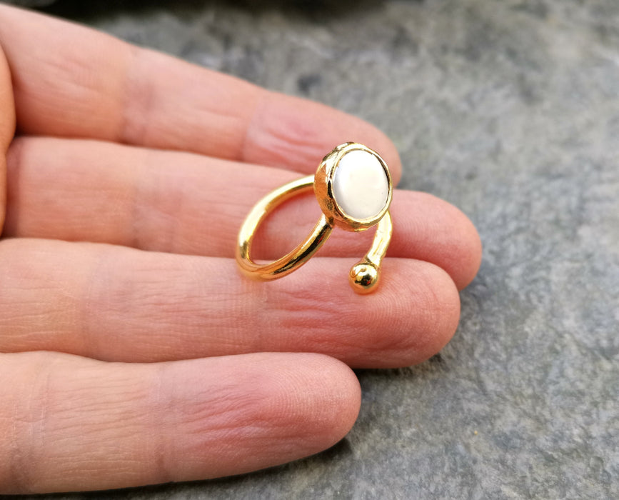 Ring with Real Pearl Gold Plated Brass Adjustable SR137