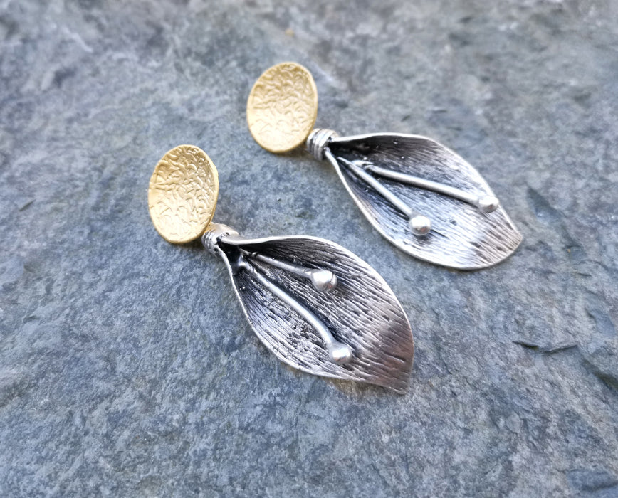 Leaf Earrings Gold and Antique Silver Plated Brass  SR163