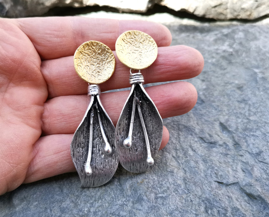 Leaf Earrings Gold and Antique Silver Plated Brass  SR163