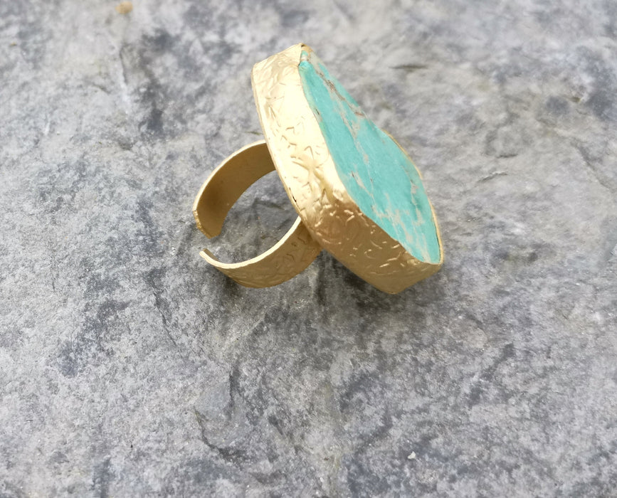 Ring with Turquoise Stone Gold Plated Brass Adjustable  SR323