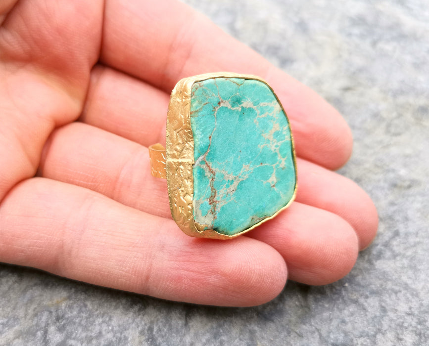 Ring with Turquoise Stone Gold Plated Brass Adjustable  SR323