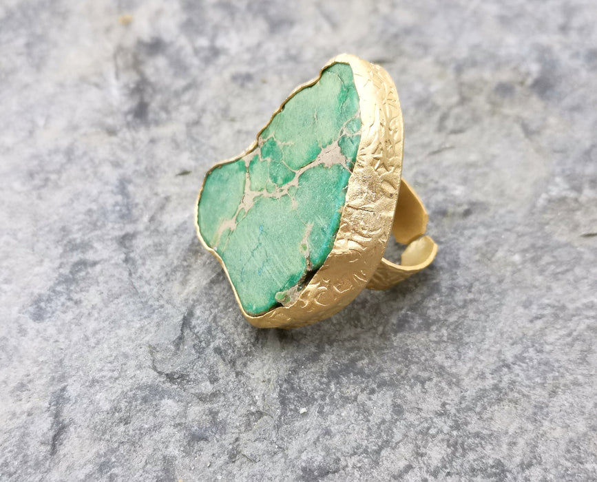 Ring with Green Stone Gold Plated Brass Adjustable  SR325