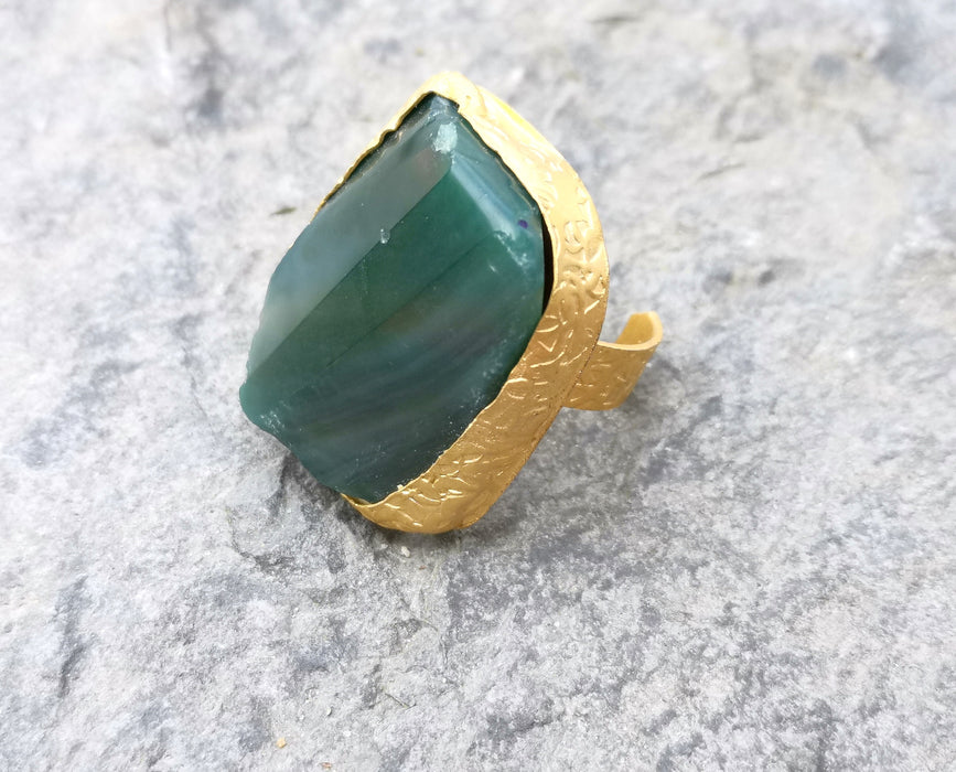 Ring with Dark Green Agate Gemstone Stone Gold Plated Brass Adjustable  SR326