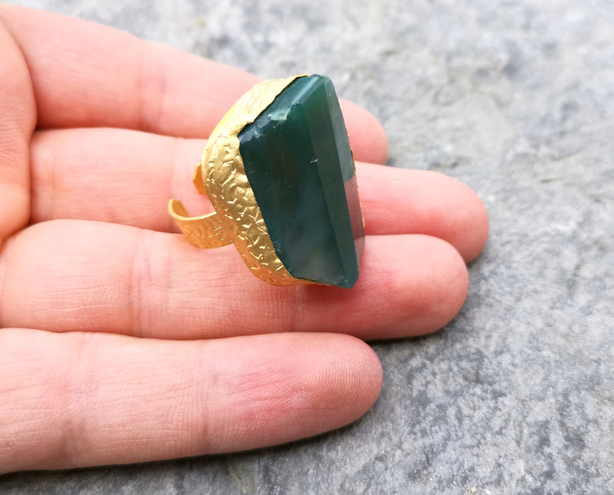 Ring with Dark Green Agate Gemstone Stone Gold Plated Brass Adjustable  SR326