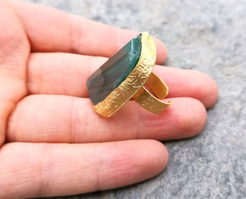 Ring with Dark Green Agate Gemstone Stone Gold Plated Brass Adjustable  SR326