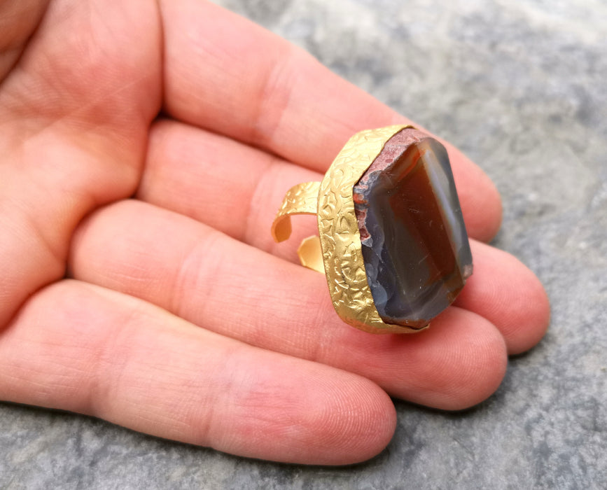 Ring with Garnet Red Agate Gemstone Stone Gold Plated Brass Adjustable  SR327