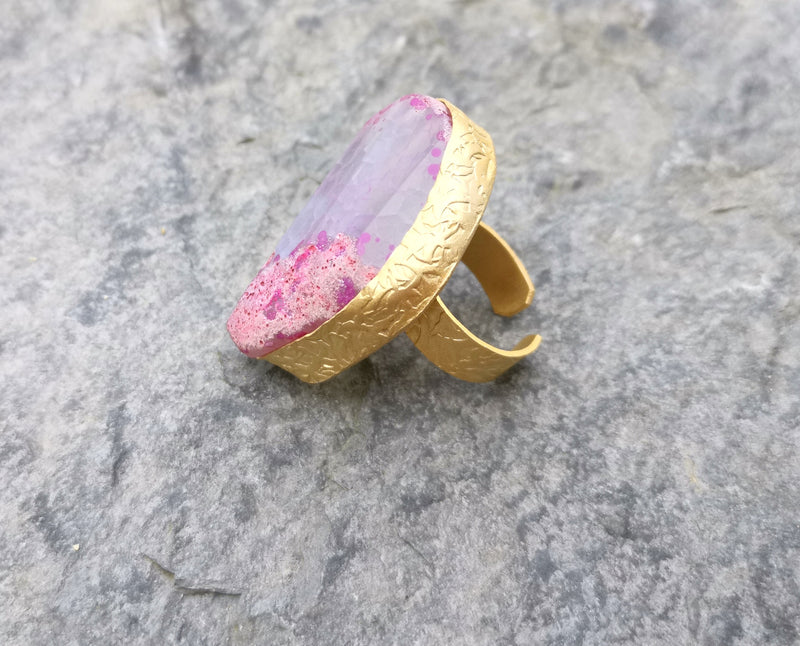 Ring with Fuchsia Blush Agate Gemstone Stone Gold Plated Brass Adjustable  SR328