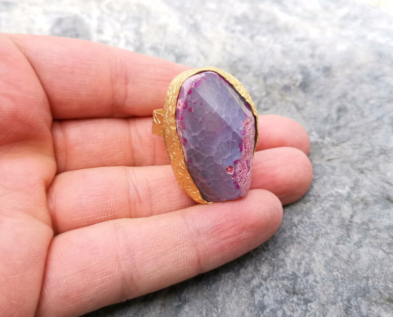 Ring with Fuchsia Blush Agate Gemstone Stone Gold Plated Brass Adjustable  SR328