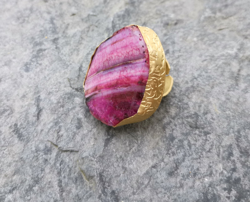 Ring with Fuchsia Blush Agate Gemstone Stone Gold Plated Brass Adjustable  SR328