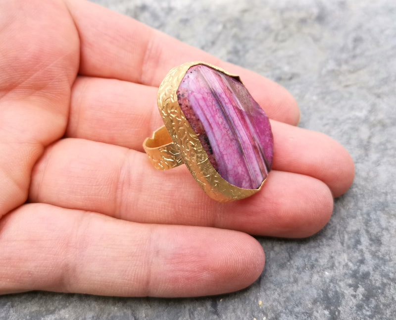 Ring with Fuchsia Blush Agate Gemstone Stone Gold Plated Brass Adjustable  SR328