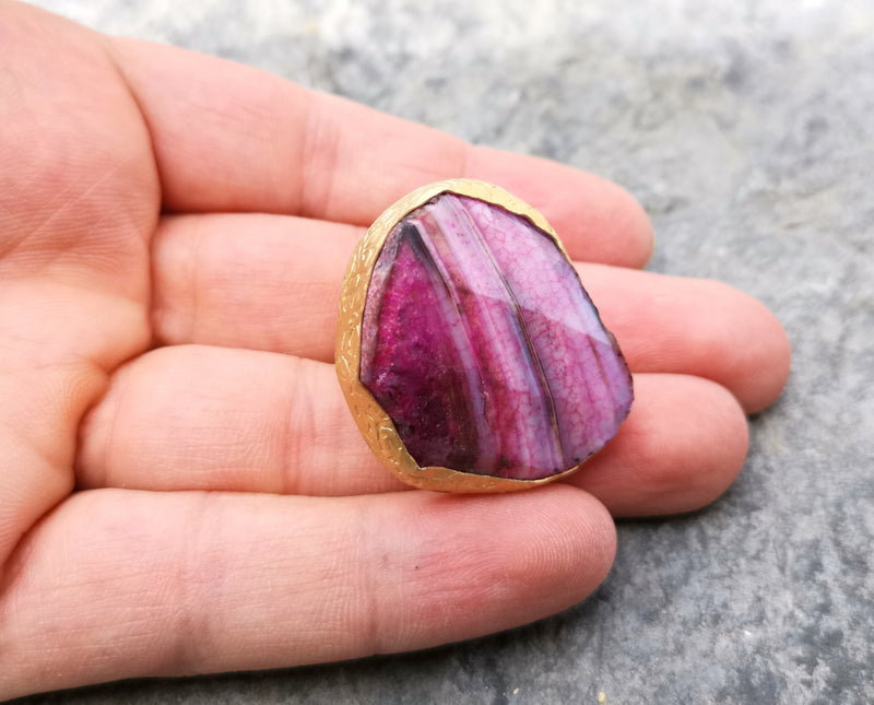 Ring with Fuchsia Blush Agate Gemstone Stone Gold Plated Brass Adjustable  SR328