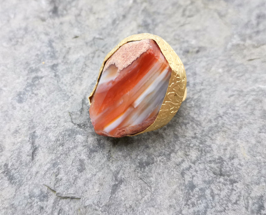 Ring with Orange White Agate Gemstone Stone Gold Plated Brass Adjustable  SR329