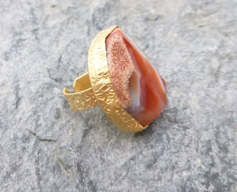 Ring with Orange White Agate Gemstone Stone Gold Plated Brass Adjustable  SR329