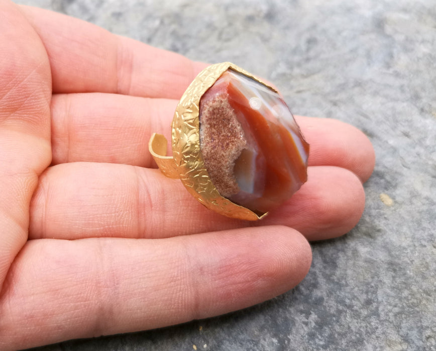 Ring with Orange White Agate Gemstone Stone Gold Plated Brass Adjustable  SR329