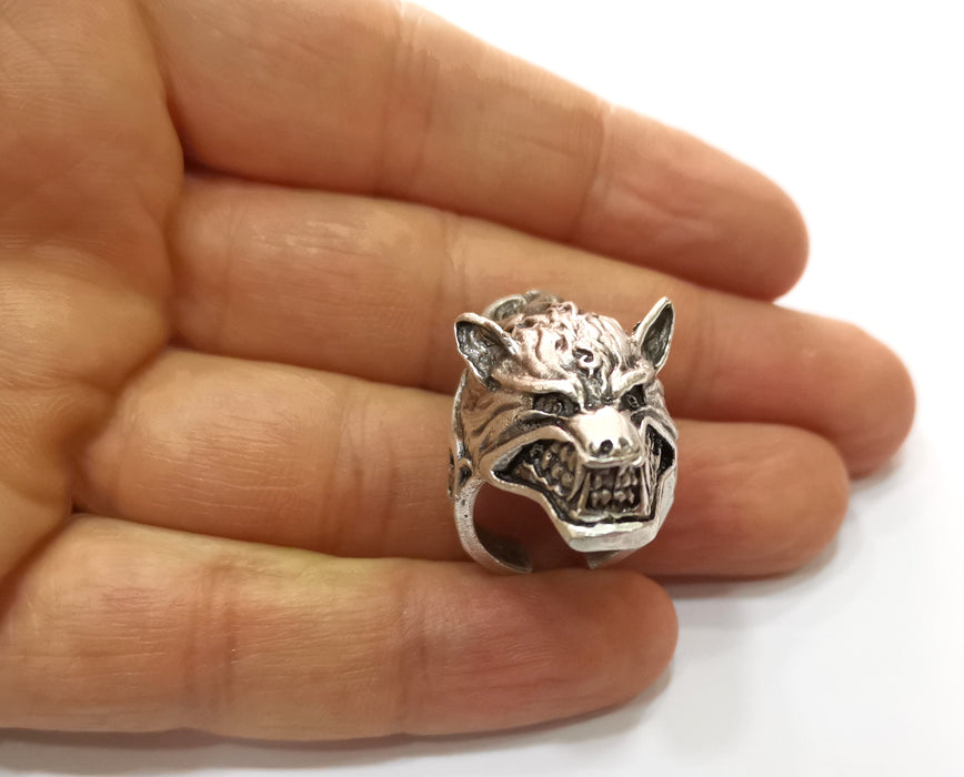 Beast Head Ring Antique Silver Plated Brass Adjustable SR396