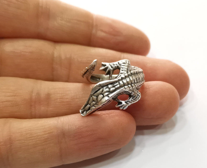 Crocodile Ring Antique Silver Plated Brass Adjustable SR413