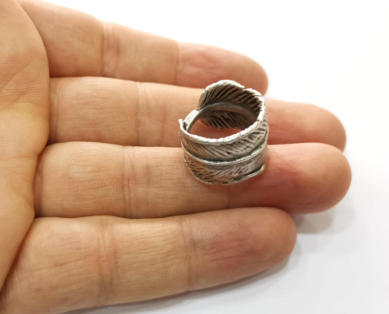 Feather Ring Antique Silver Plated Brass Adjustable SR434