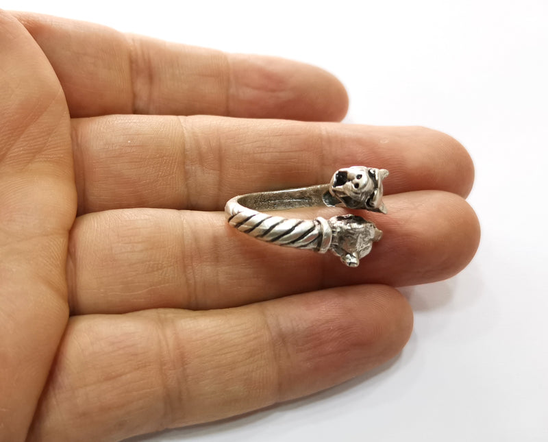 Dog Head Ring Antique Silver Plated Brass Adjustable SR437