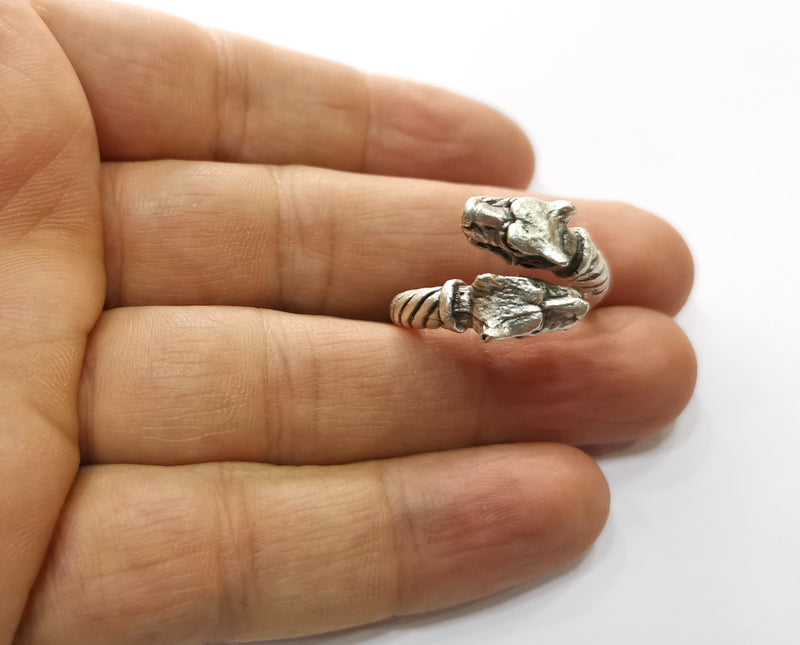 Dog Head Ring Antique Silver Plated Brass Adjustable SR437