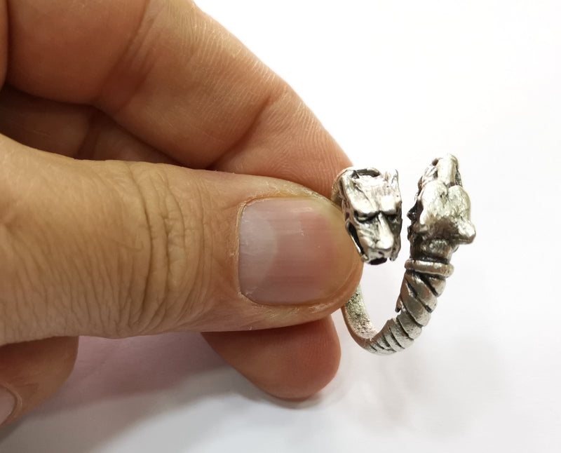 Dog Head Ring Antique Silver Plated Brass Adjustable SR437