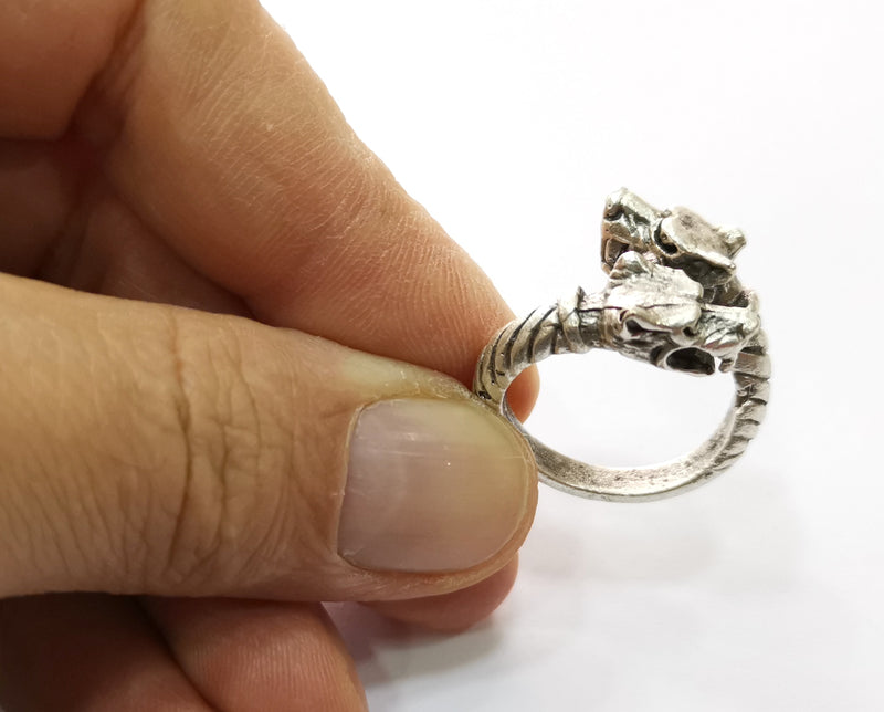 Dog Head Ring Antique Silver Plated Brass Adjustable SR437