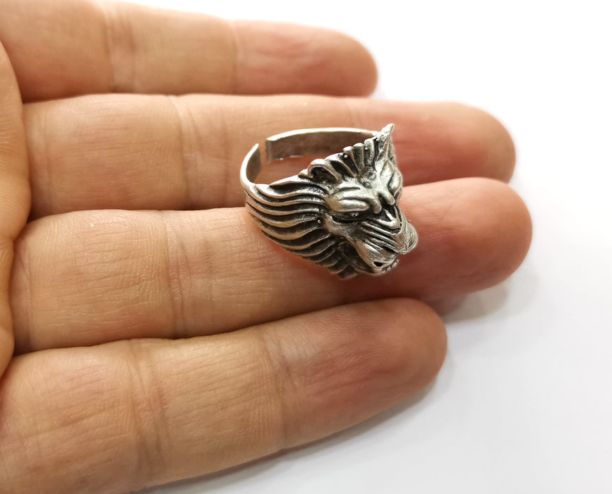 Lion Ring Antique Silver Plated Brass Adjustable SR454