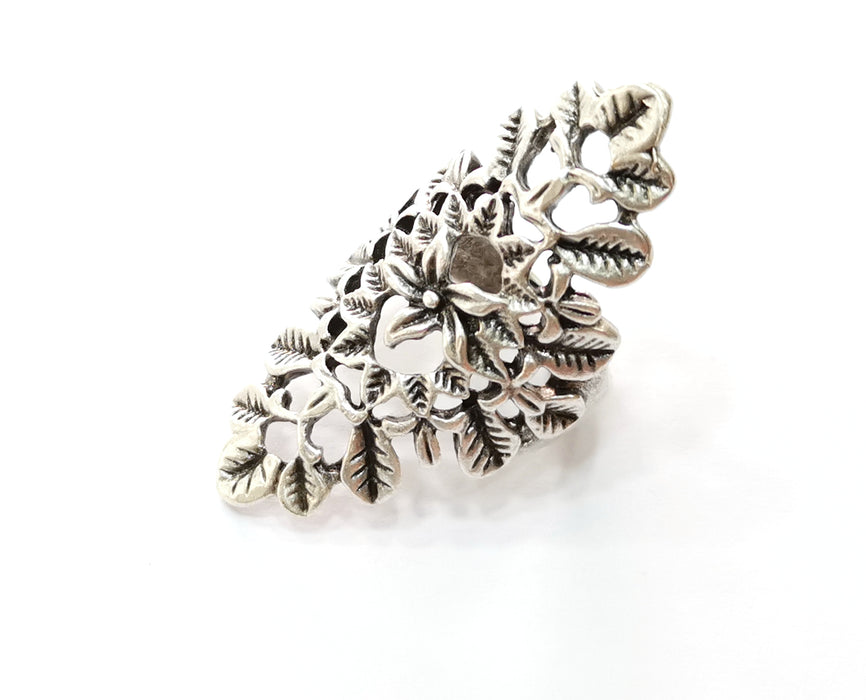 Leaves Flower Ring Antique Silver Plated Brass Adjustable SR456